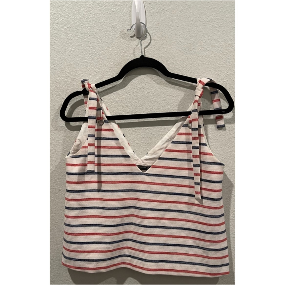ZARA V-Neck Striped Red Blue Antique White Tie Blouse